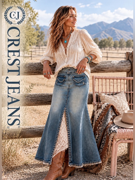 Crest Dresses & Skirts - Y2K Crest Jeans,Crochet Panel Denim Mermaid Skirt Boho Western Stretch Size S